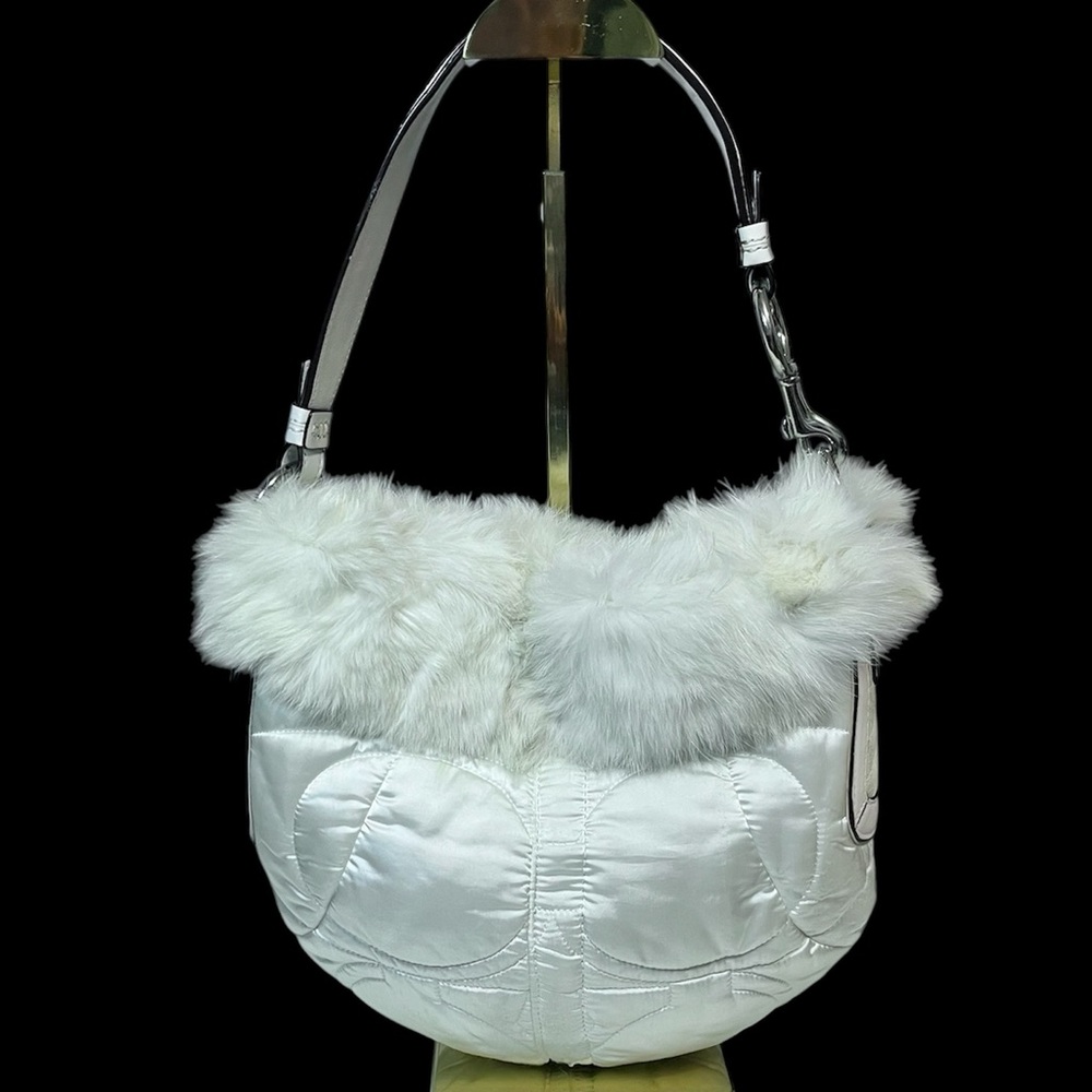 Coach RARE Vintage Y2K 2005 White Shoulder Quilted Handbag with Rabbit Fur Trim